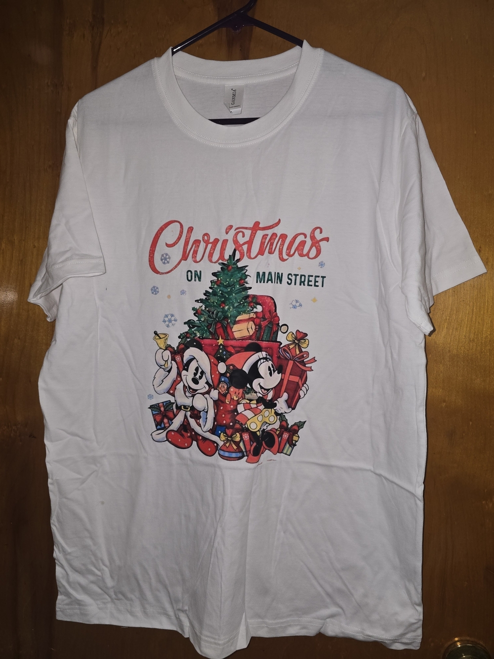 Disney White Christmas on Main Street Graphic Tee with Red and Green Print